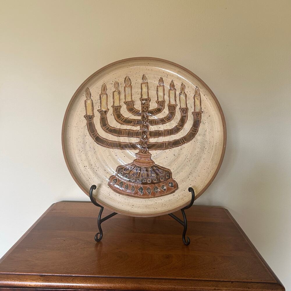 Vintage Studio Pottery Menorah Ceramic Wall Platter Sculptural Menorah Judaica
